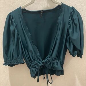 Urban Outfitters Out From Under Silk Teal Puff Sleeve Tie Front Ruffle Hem top